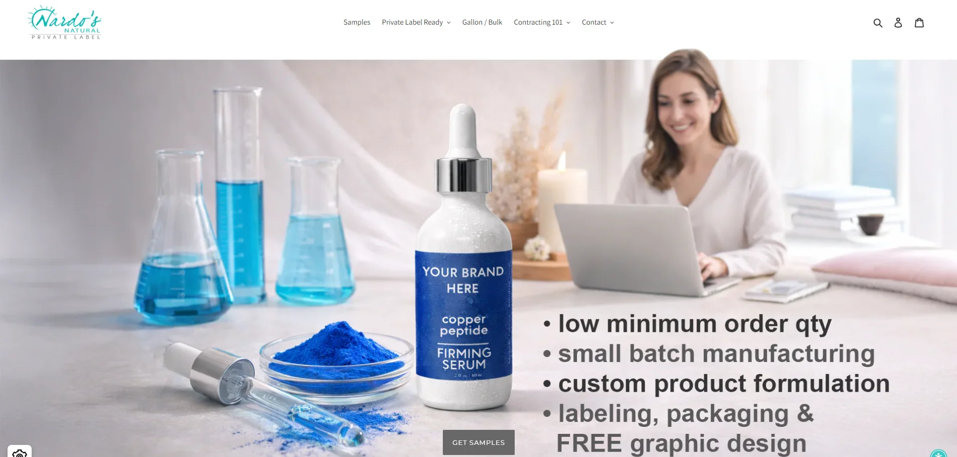 A white dropper bottle labeled 'Your Brand Here - Copper Peptide Firming Serum' surrounded by blue lab equipment and powder. A woman works on a laptop in the background.